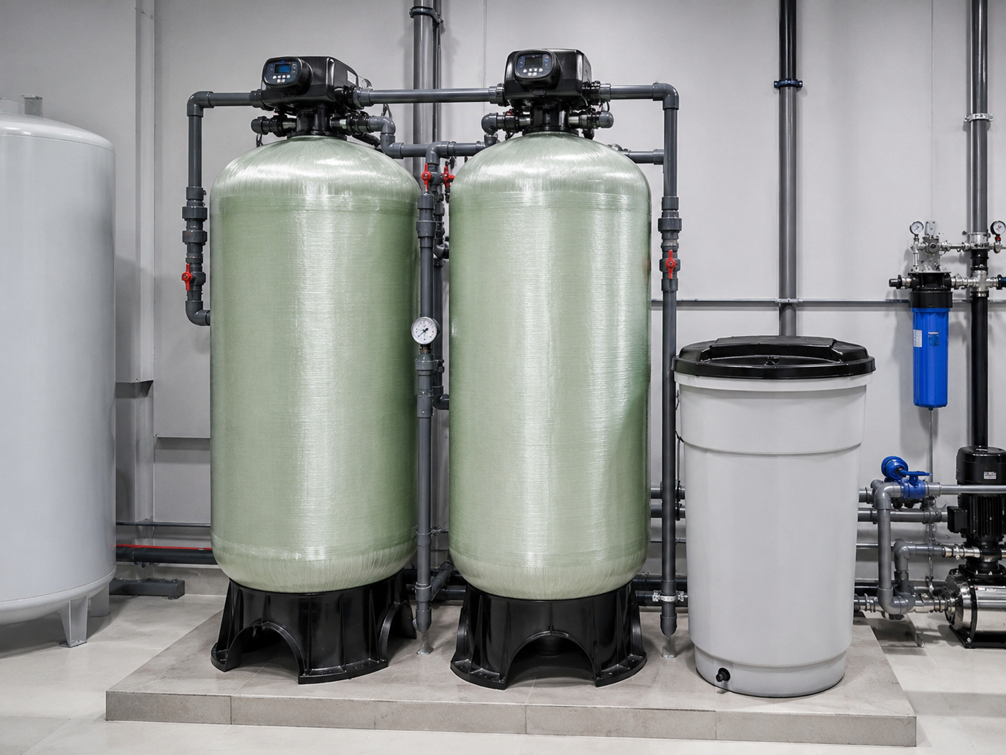 Sistema de ablandadores Twin instalado para tratamiento de agua en edificio institucional.